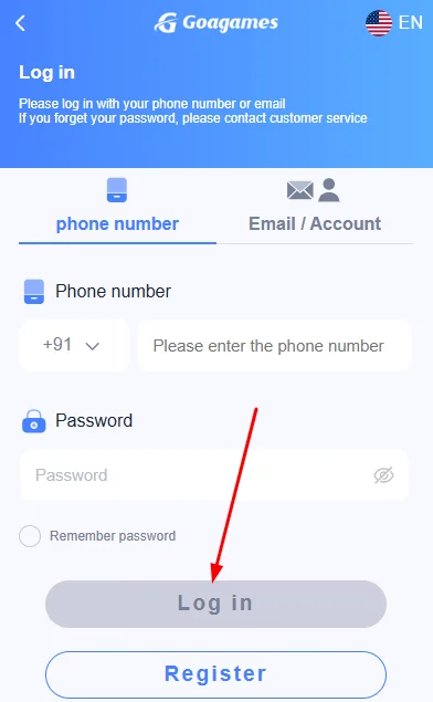 Tap login to open your account